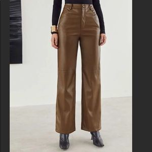 High Waist Mocha Brown PU Leather Wide Leg Pants